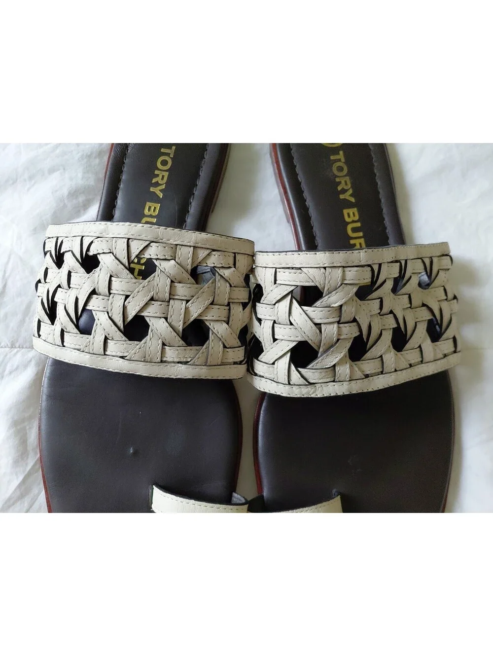 Tory Burch Cream and Brown Woven Thong Slides Size 8.5 EUC #753